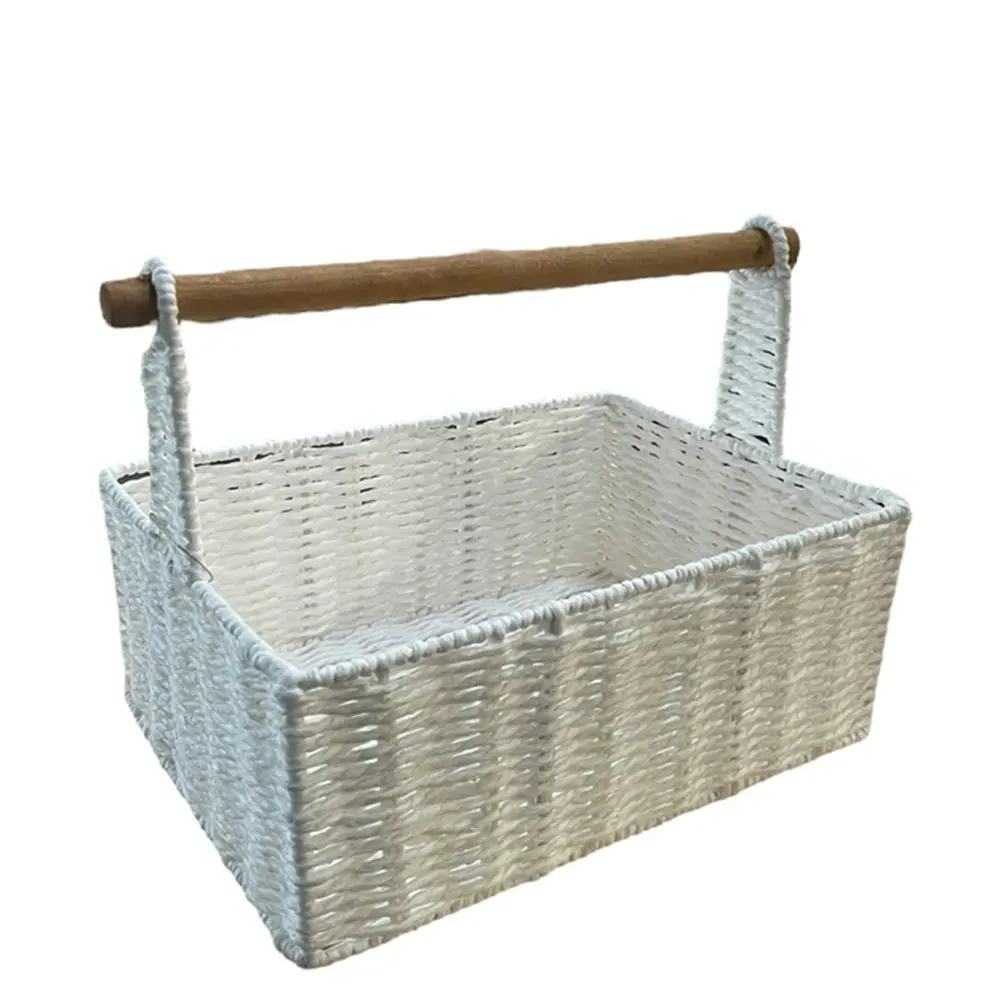 Maine & Crawford Cercy Paper Rope 30cm Organiser Basket w/ Wood Handle White