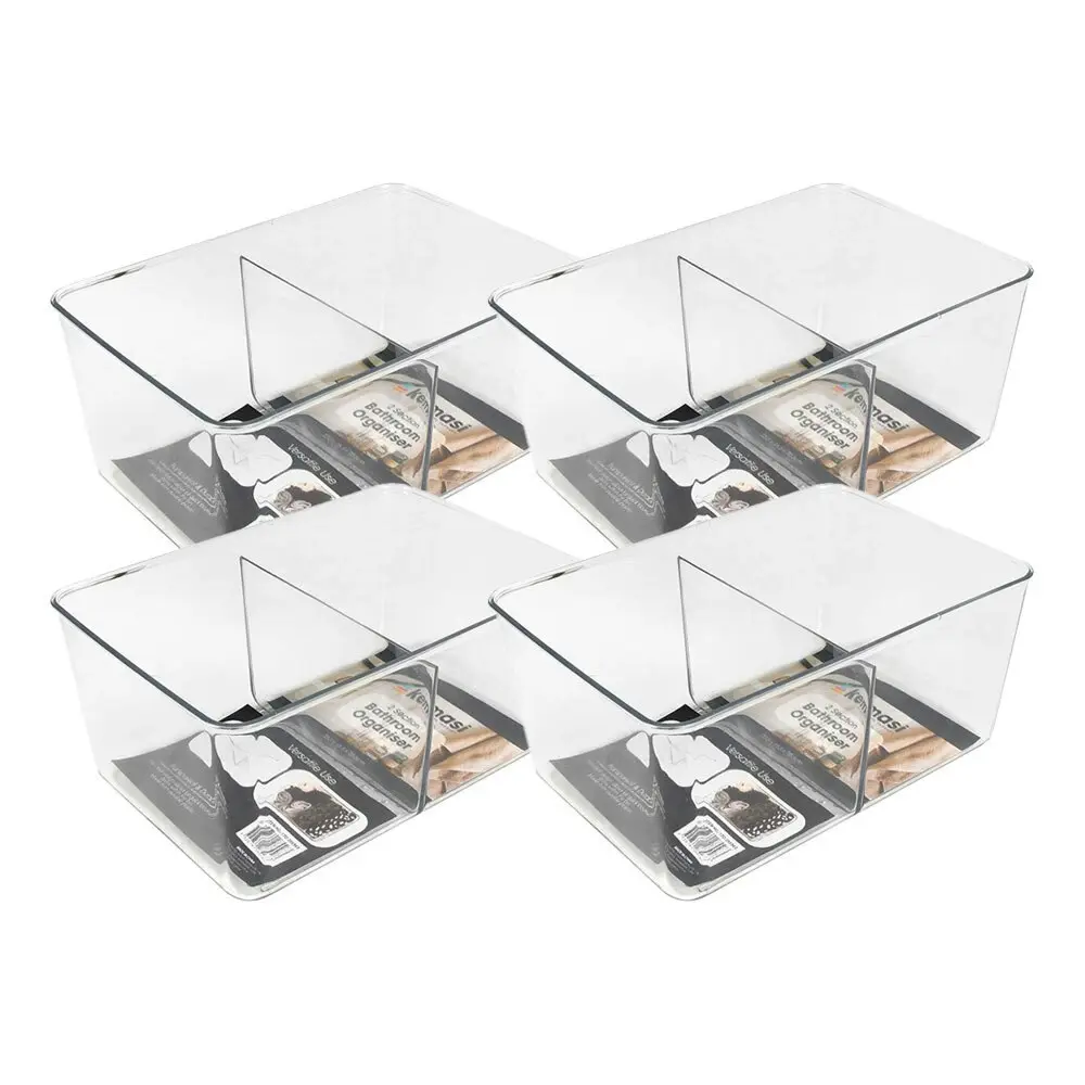 4x Kemasi Clear Bathroom Sink Top Storage Organiser Caddy 2 Compartments 22x15cm