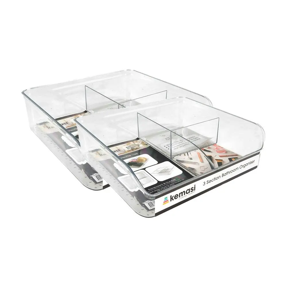 2x Kemasi Clear Bathroom Sink Top Storage Organiser Caddy 3 Compartments 29x28cm