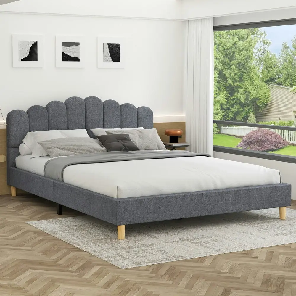 Alfordson Bed Frame Queen Size Upholstered Platform Base Grey Fabric TANIA