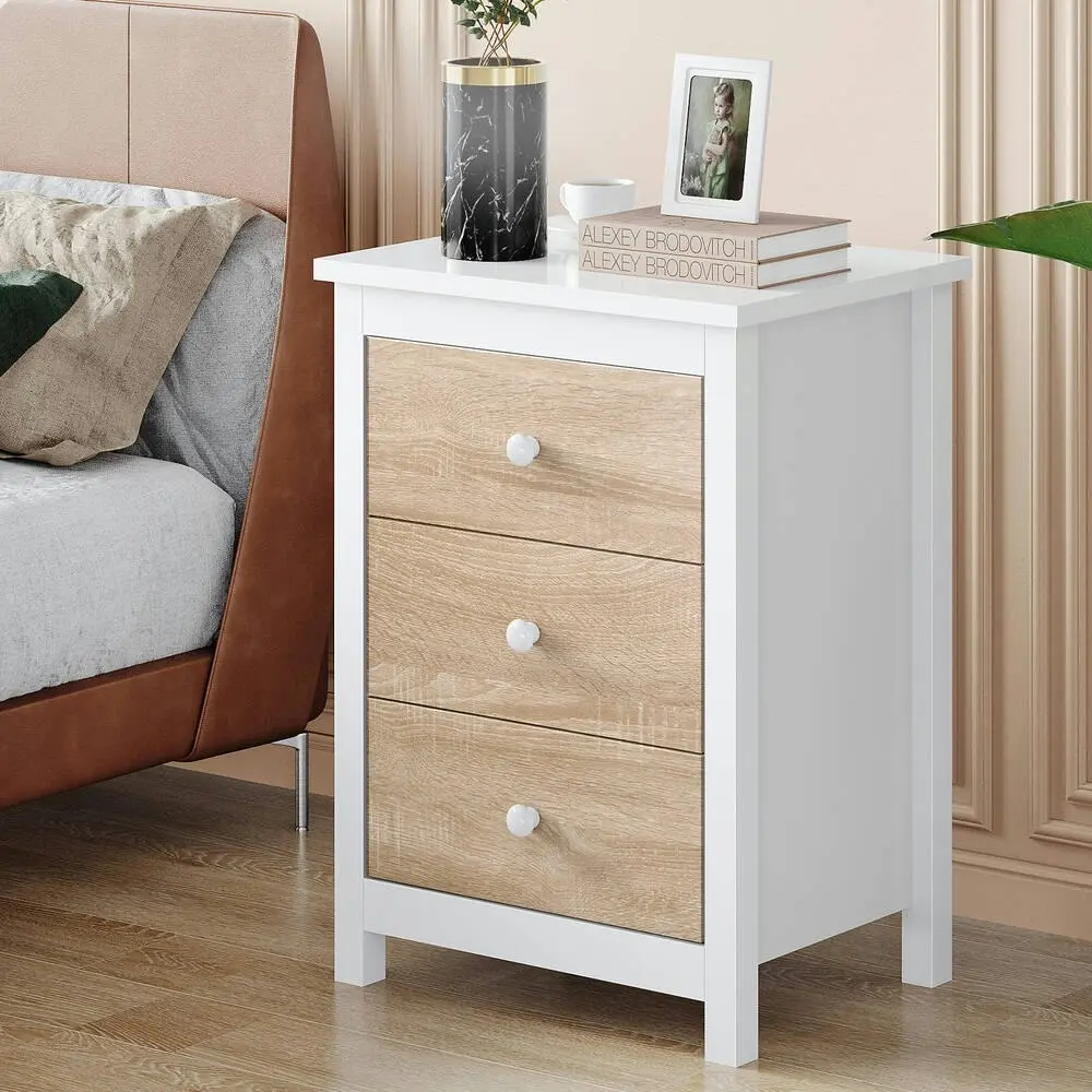 Alfordson Bedside Table Hamptons Nightstand 3 Drawers Oak