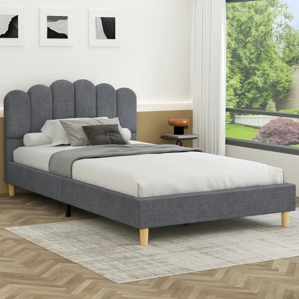 Alfordson Bed Frame Single Size Upholstered Platform Base Grey Fabric TANIA