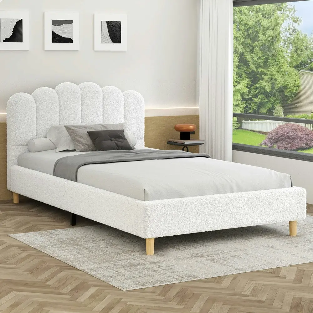 Alfordson Bed Frame Single Size Upholstered Platform Base White Boucle TANIA