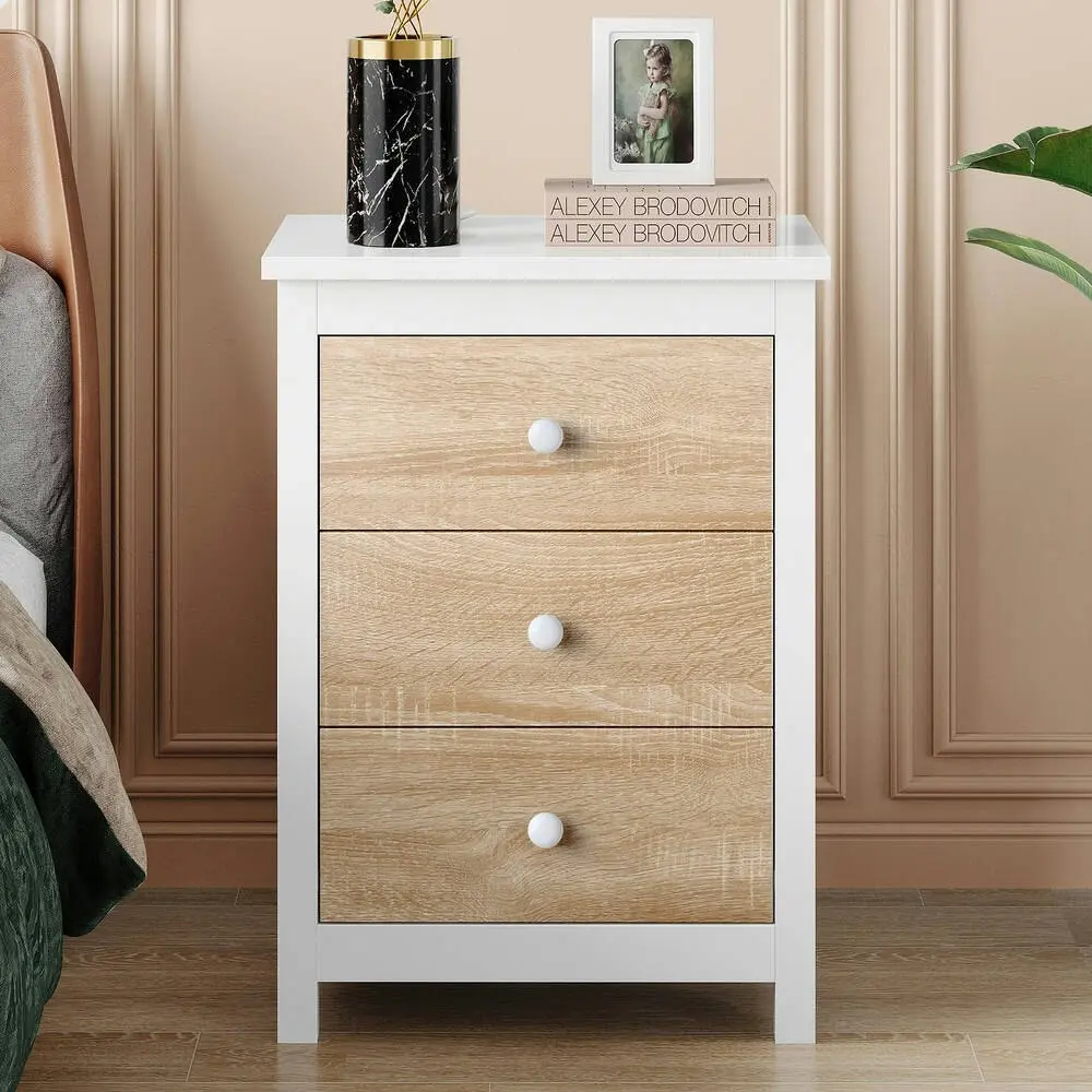 Alfordson 2x Bedside Table Hamptons Nightstand 3 Drawers Oak