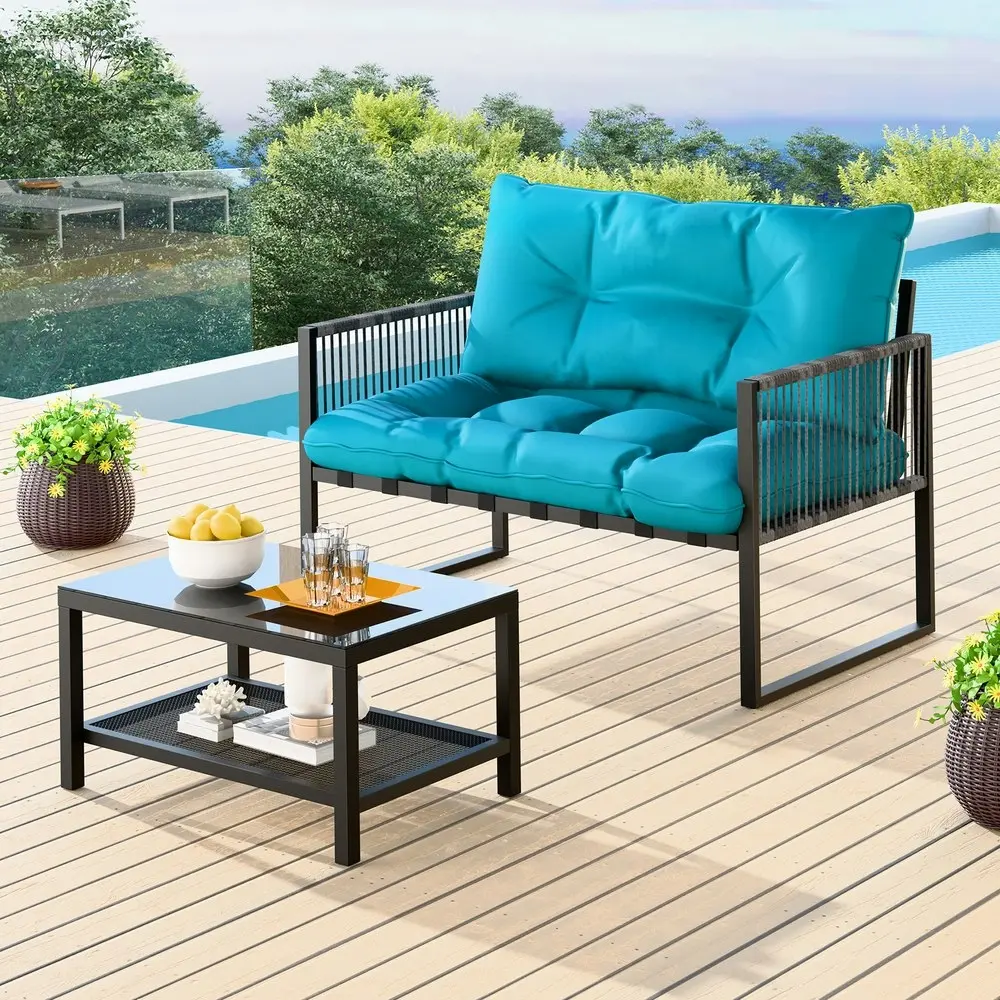 Alfordson 2PCS Outdoor Lounge Sofa Set Wicker Furniture Table and Chairs Garden Blue