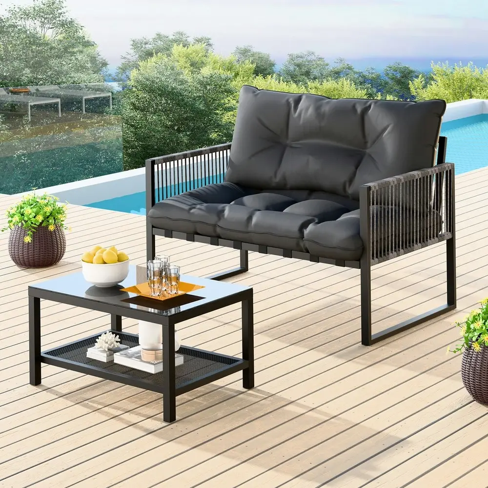 Alfordson 2PCS Outdoor Lounge Sofa Set Wicker Furniture Table and Chairs Garden Black Grey