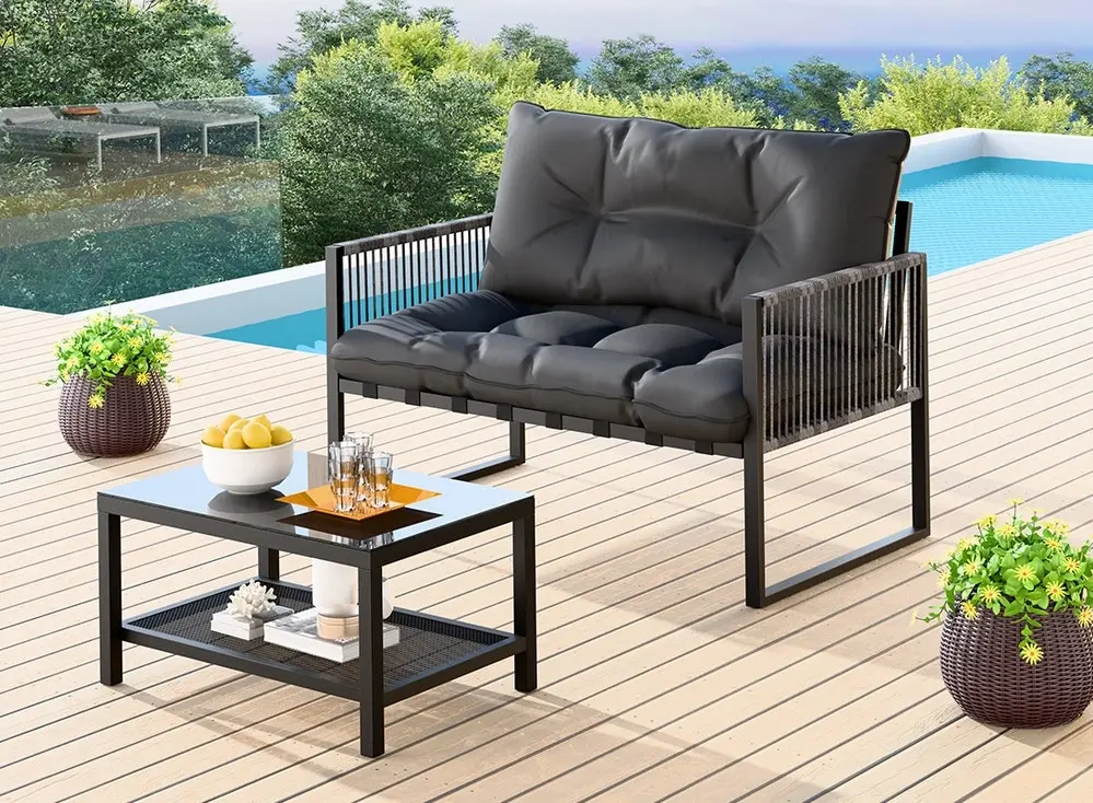 Alfordson 2PCS Outdoor Lounge Sofa Set Wicker Furniture Table and Chairs Garden Black Grey