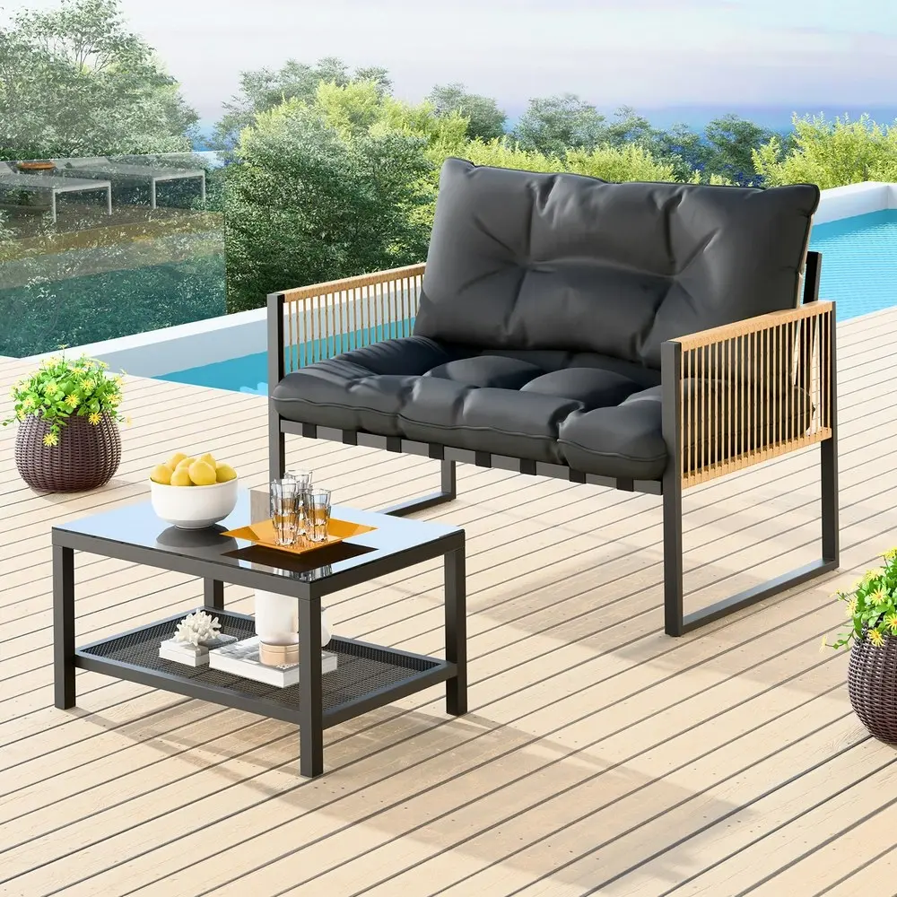 Alfordson 2PCS Outdoor Lounge Sofa Set Wicker Furniture Table and Chairs Garden Grey