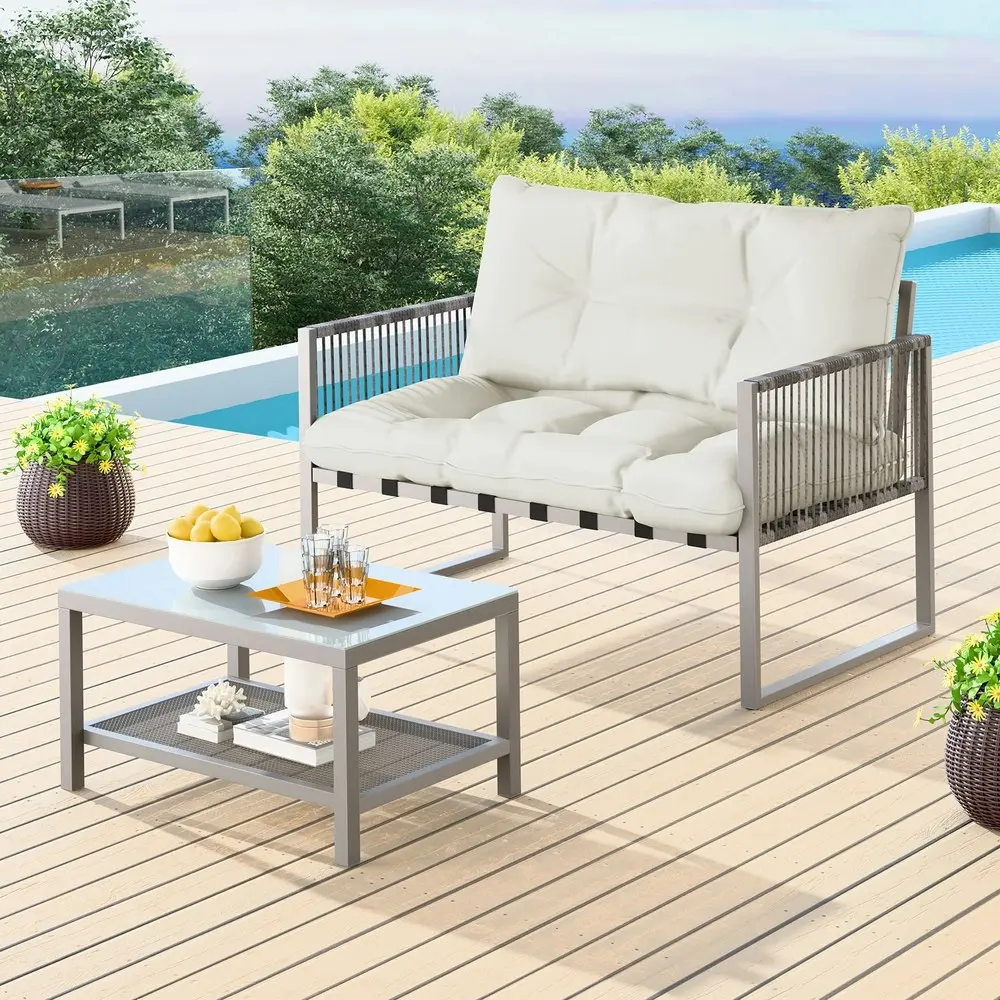 Alfordson 2PCS Outdoor Lounge Sofa Set Wicker Furniture Table and Chairs Garden Beige