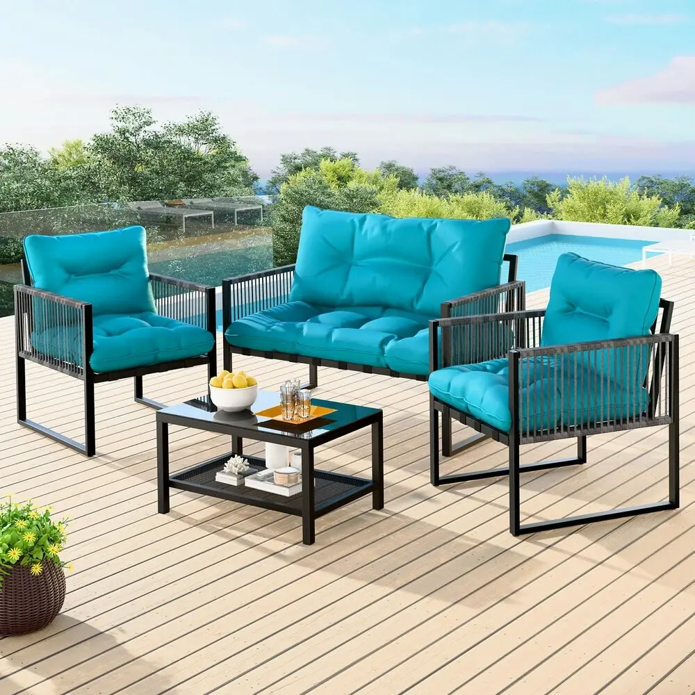 Alfordson 4PCS Outdoor Furniture Lounge Sofa Set Wicker Furniture Table and Chairs Garden Blue