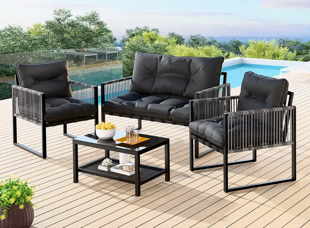 Alfordson 4PCS Outdoor Furniture Lounge Sofa Set Wicker Furniture Table and Chairs Garden Black Grey