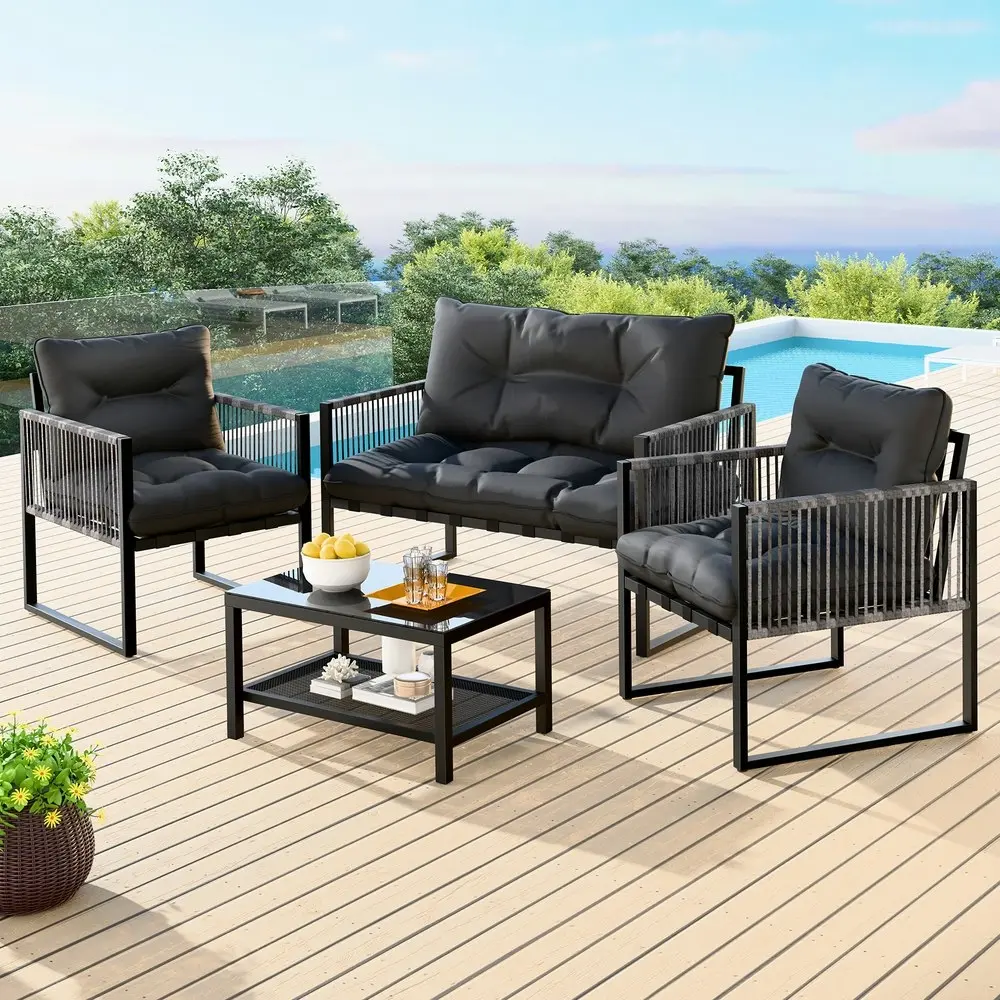 Alfordson 4PCS Outdoor Furniture Lounge Sofa Set Wicker Furniture Table and Chairs Garden Black Grey