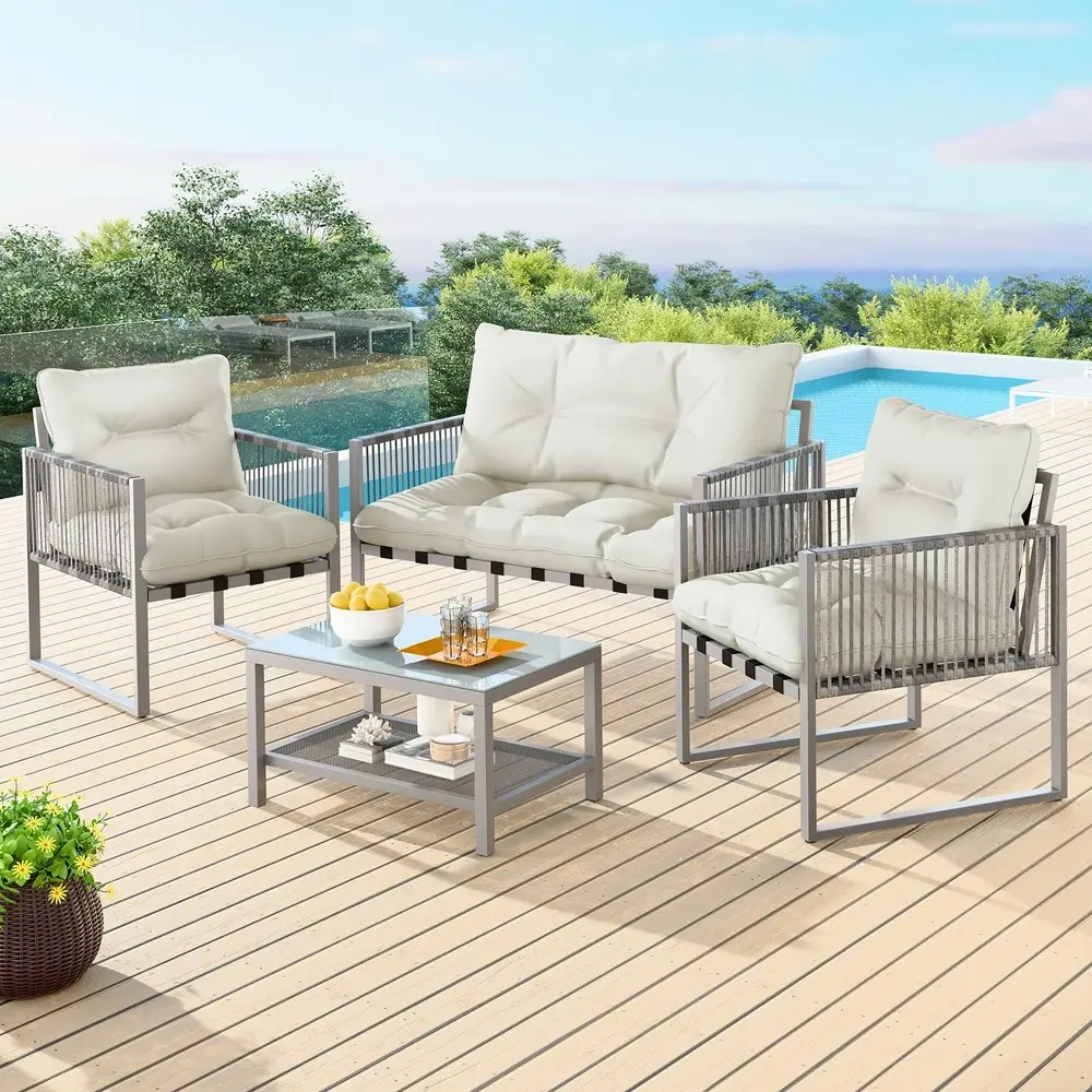 Alfordson 4PCS Outdoor Furniture Lounge Sofa Set Wicker Furniture Table and Chairs Garden Beige