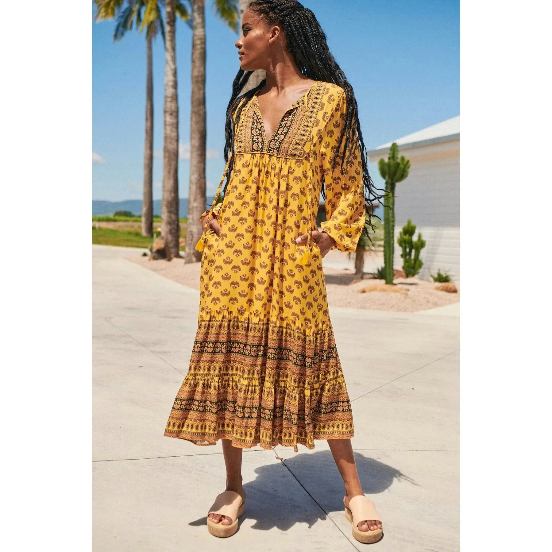 Jaase Sun Beam Print Liliana Midi Dress - Mustard Yellow