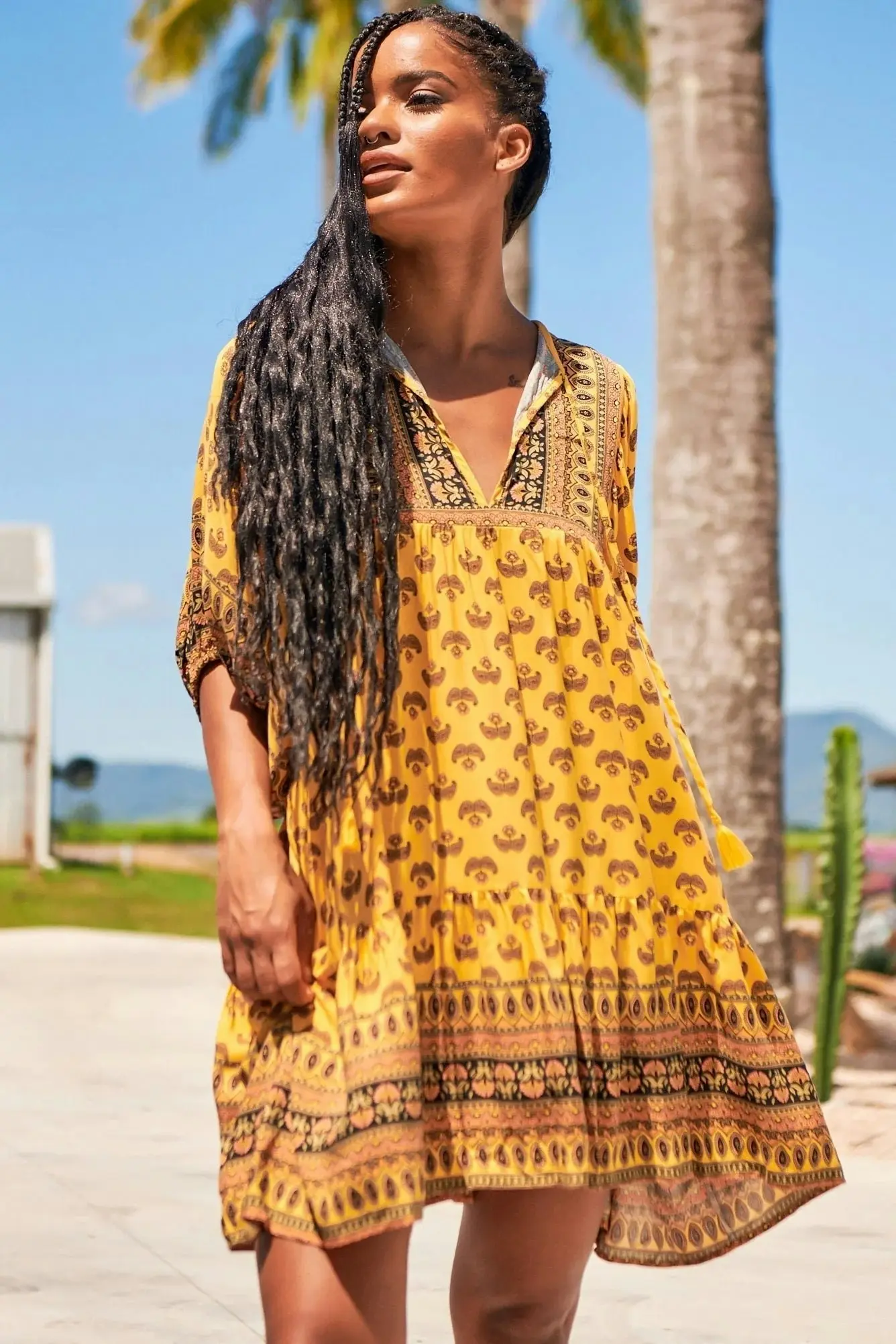 Jaase Sun Beam Print Alice Mini Dress - Mustard Yellow