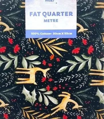 Christmas Print Cotton Fat Quarters, Black Leaves & Deer - 50cmx55cm