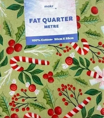 Christmas Print Cotton Fat Quarters, Green Candy Cane Mistletoe - 50cmx55cm