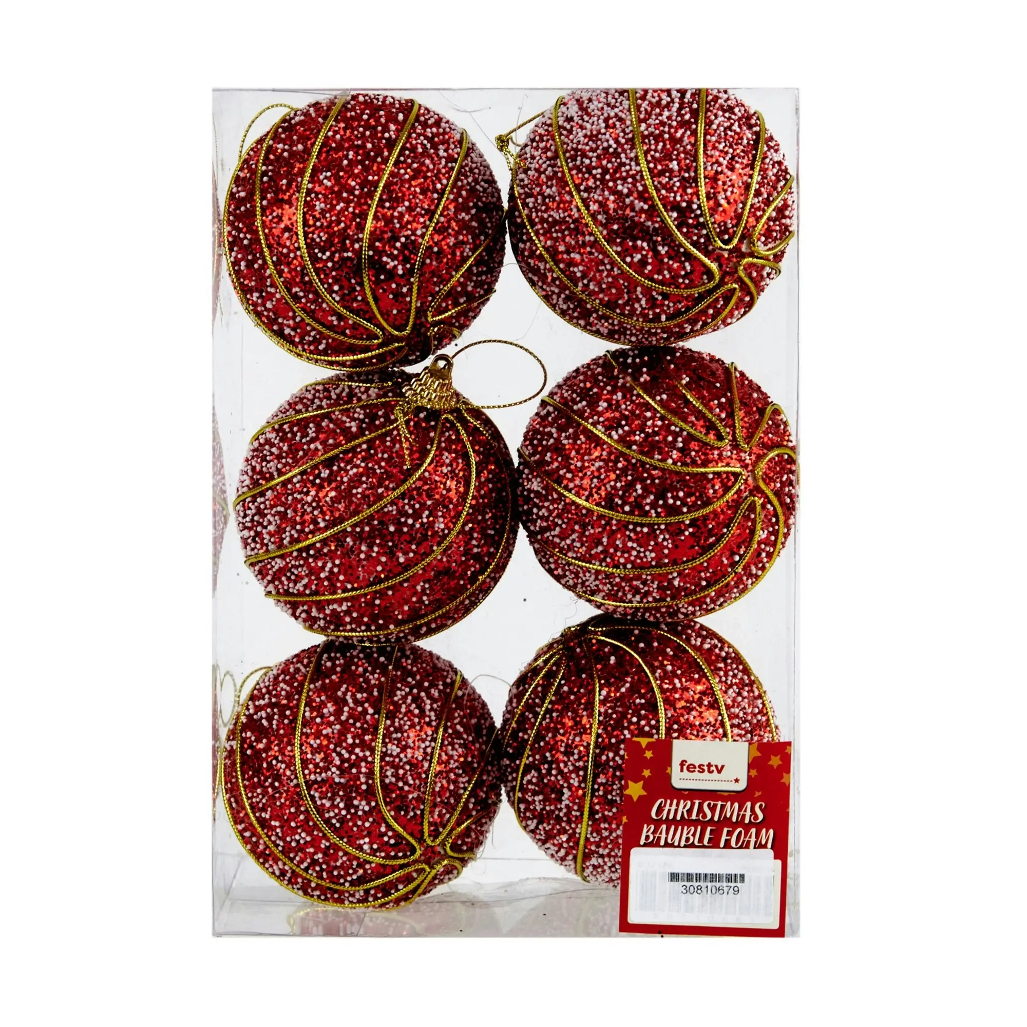 Christmas Bauble Foam, Red with Gold Strings- 6pk