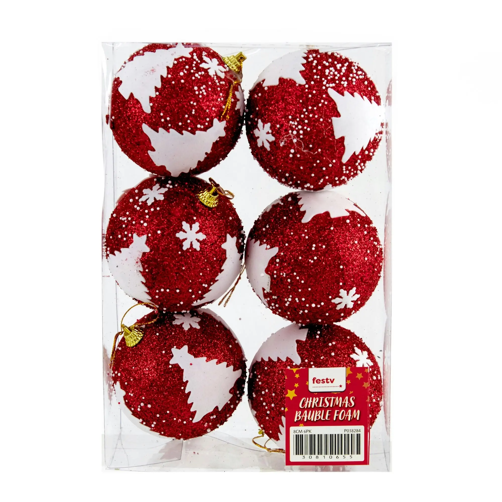 Christmas Bauble Foam, Red with Christmas Tree- 6pk