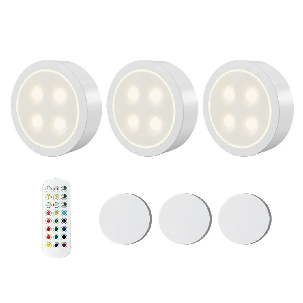 Emitto 3x RGB LED Under Cabinet Puck Lights Remote Control Kitchen Display Lamp