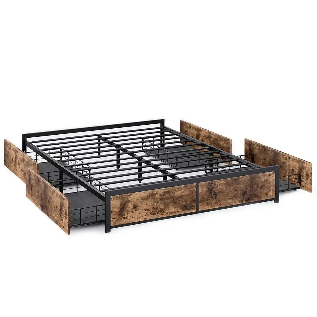 Levede Metal Bed Frame Mattress Base Platform Wooden 4 Drawers Double Rustic