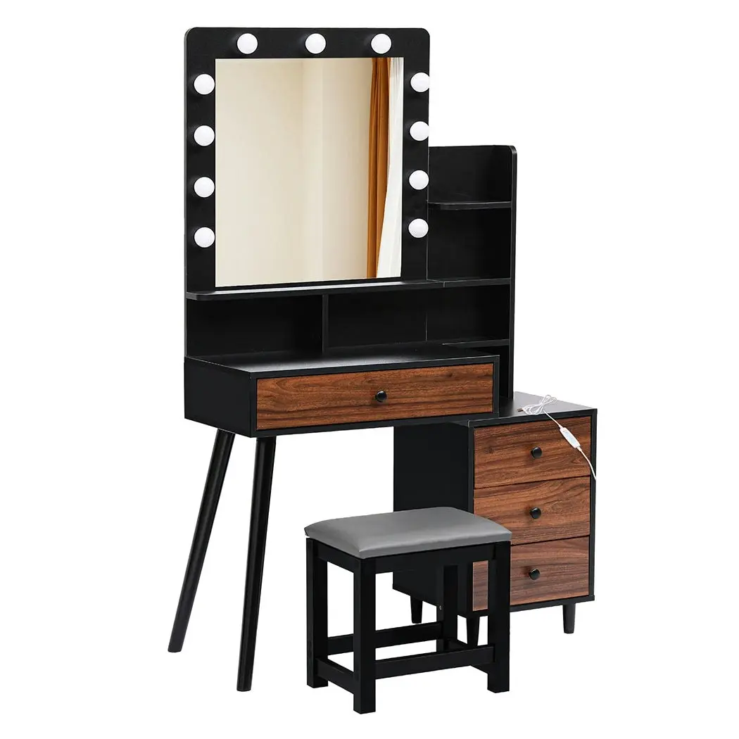 Levede Dressing Table Stool Set Makeup Mirror Vanity Storage Desk LED Bulbs