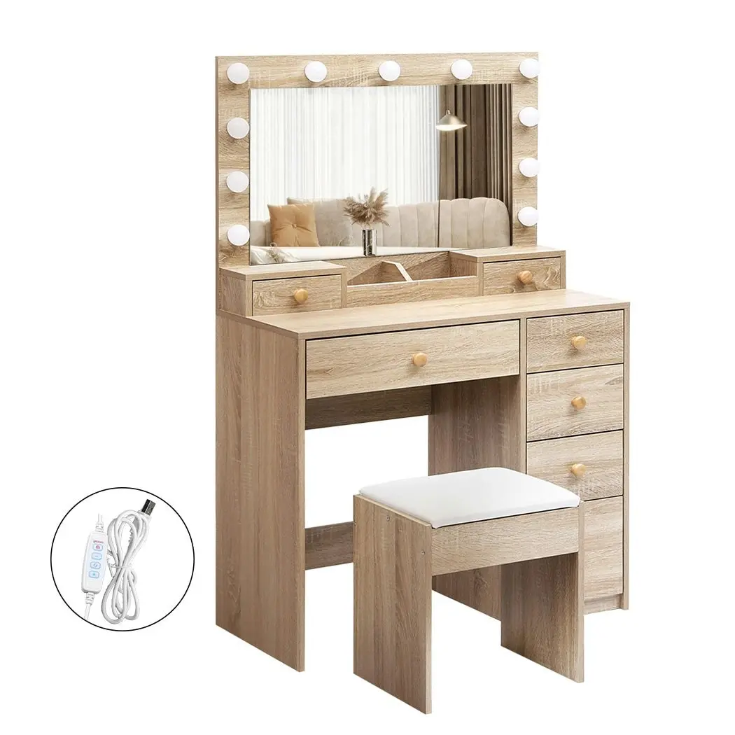 Levede Dressing Table Stool Set 11 Bulbs Makeup Mirror Vanity Desk Cabinet Oak