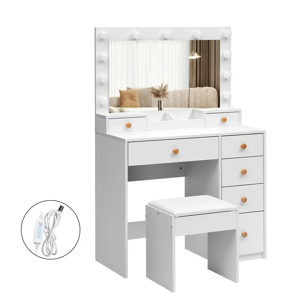 Levede Dressing Table Stool Set 11 Bulbs Makeup Mirror Vanity Desk Cabinet White