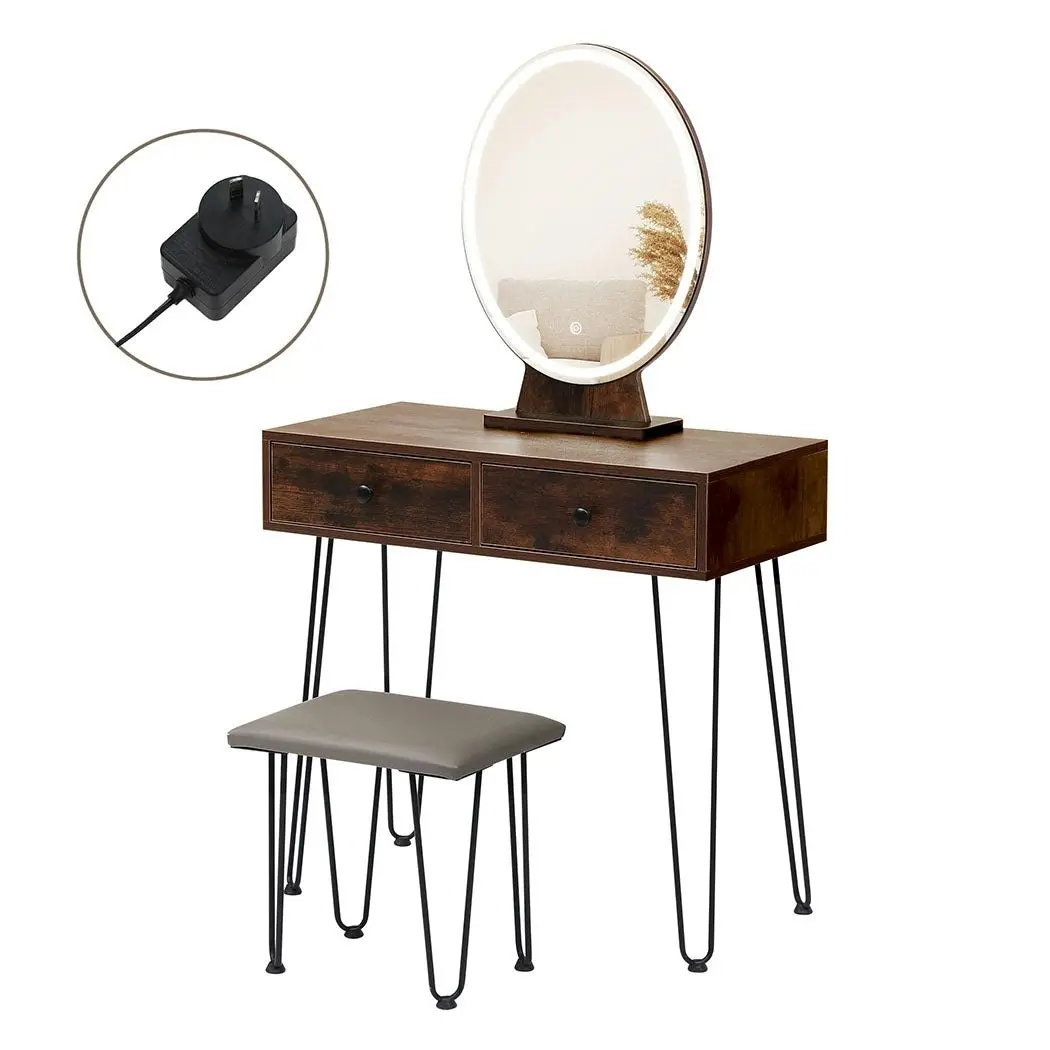 Levede Dressing Table LED Light Strip Makeup Mirror Stool Set Vanity Desk Brown