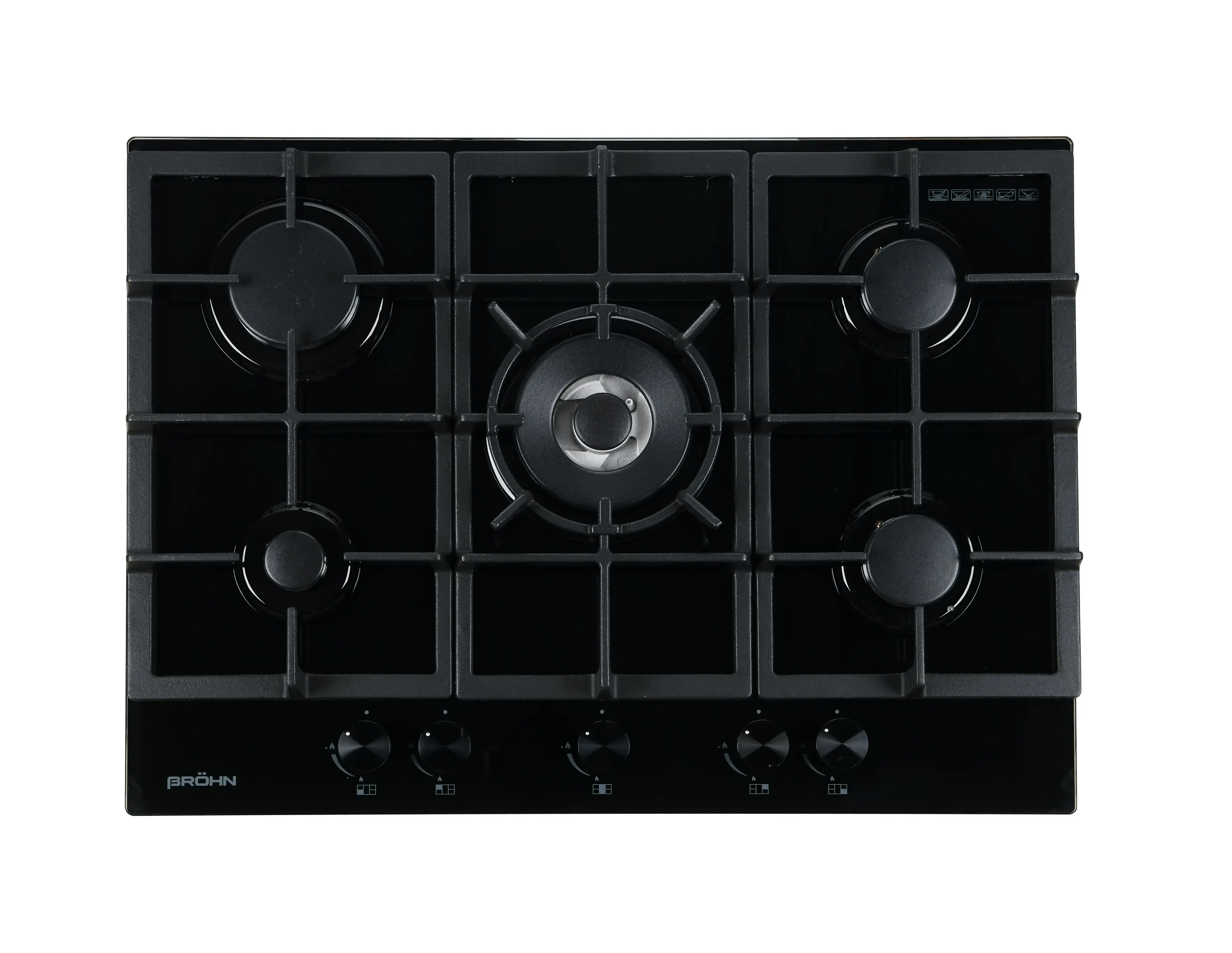 Brohn 70cm Built-in Gas WOK Cooktop 5 Burner Black Glass