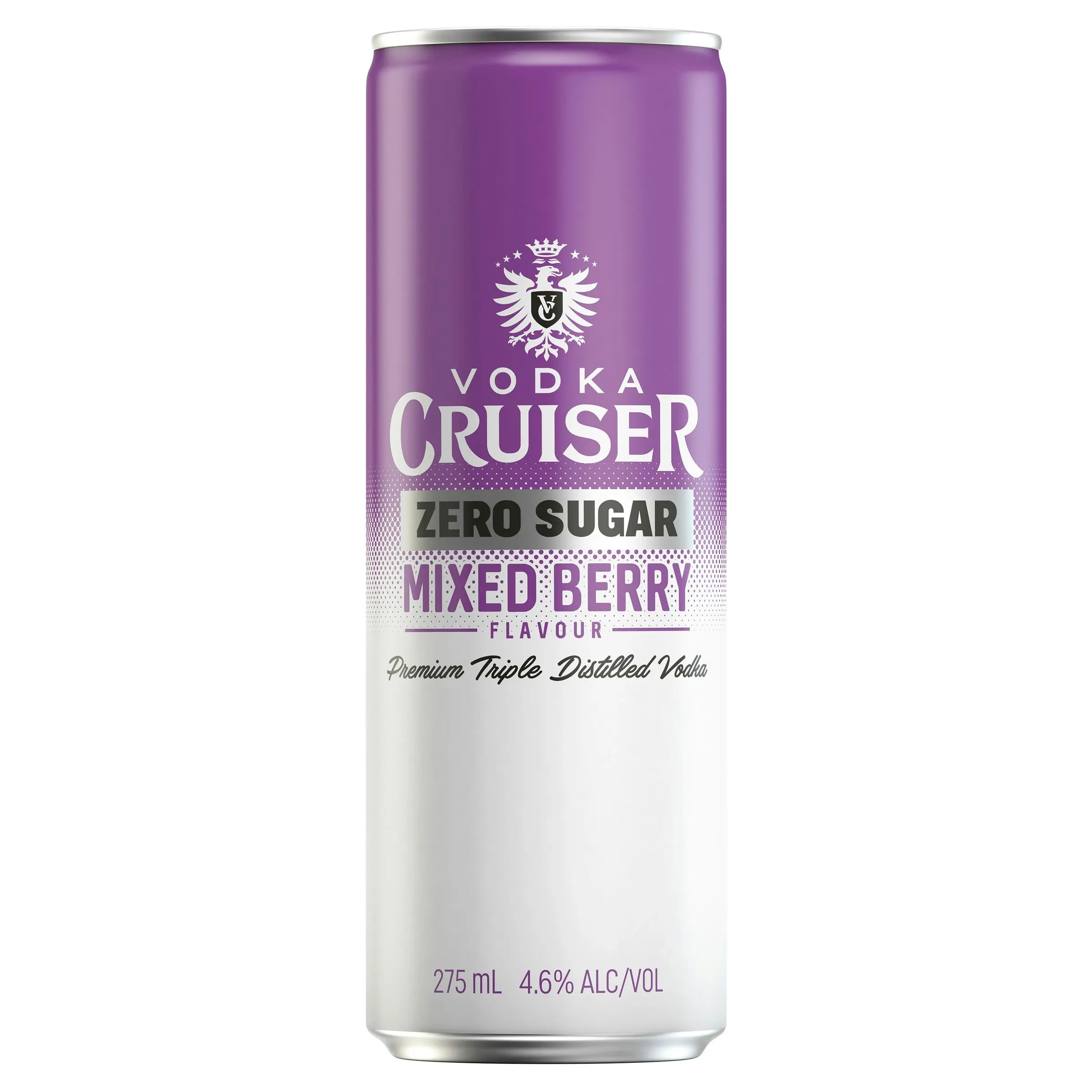 Vodka Cruiser Sugar Free Mixed Berry, Refreshing Flavoured Pre-Mixed Vodka Drink, 4.6% ABV, 275mL (Case of 24 Cans)