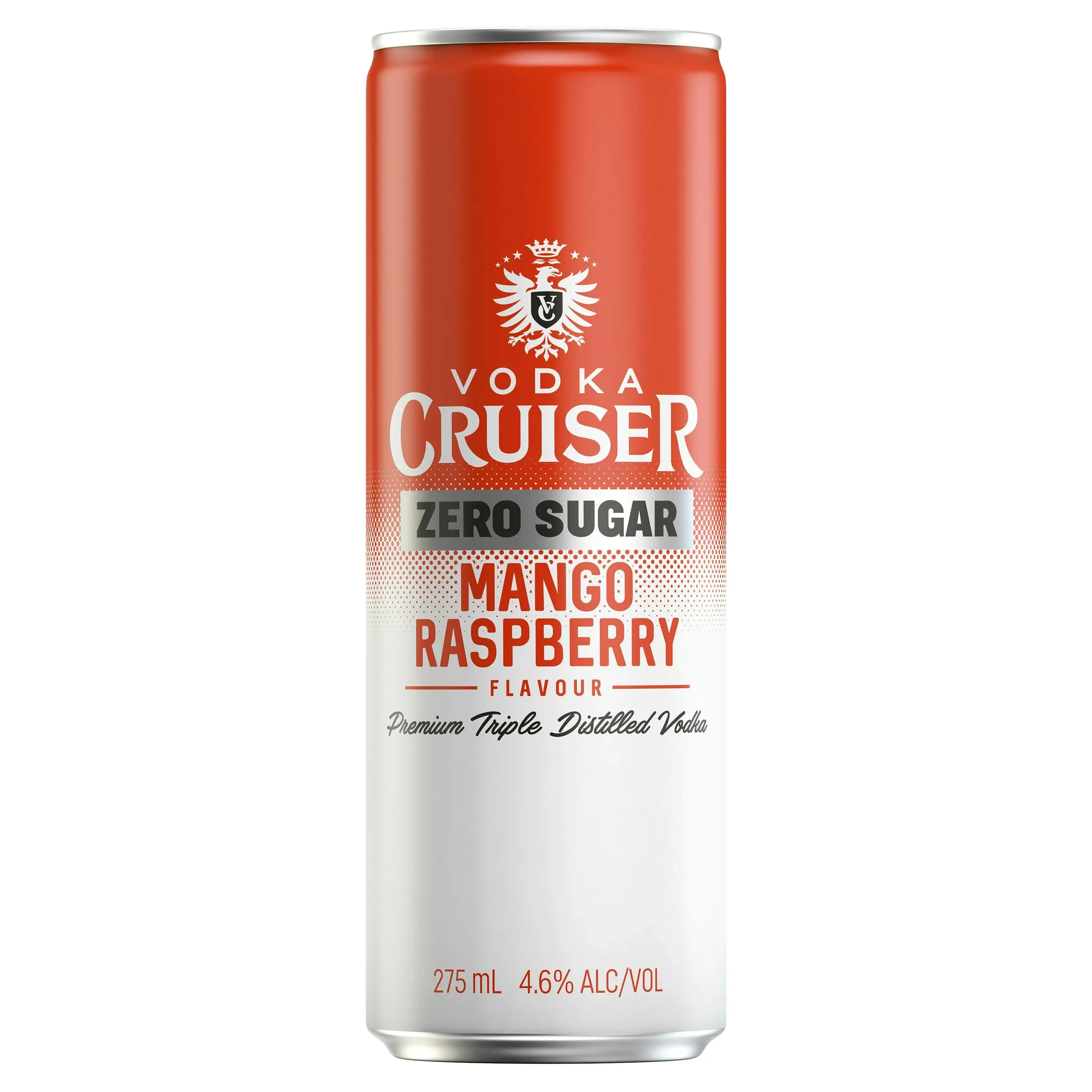 Vodka Cruiser Sugar Free Mango Raspberry, Refreshing Flavoured Pre-Mixed Vodka Drink, 4.6% ABV, 275mL (Case of 24 Cans)