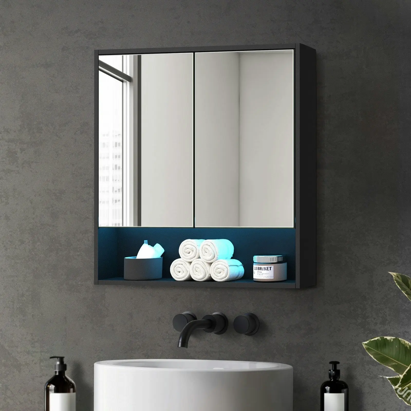 Welba Bathroom Mirror Cabinet LED Medicine Shaving Wall Storage 750x750mm Black