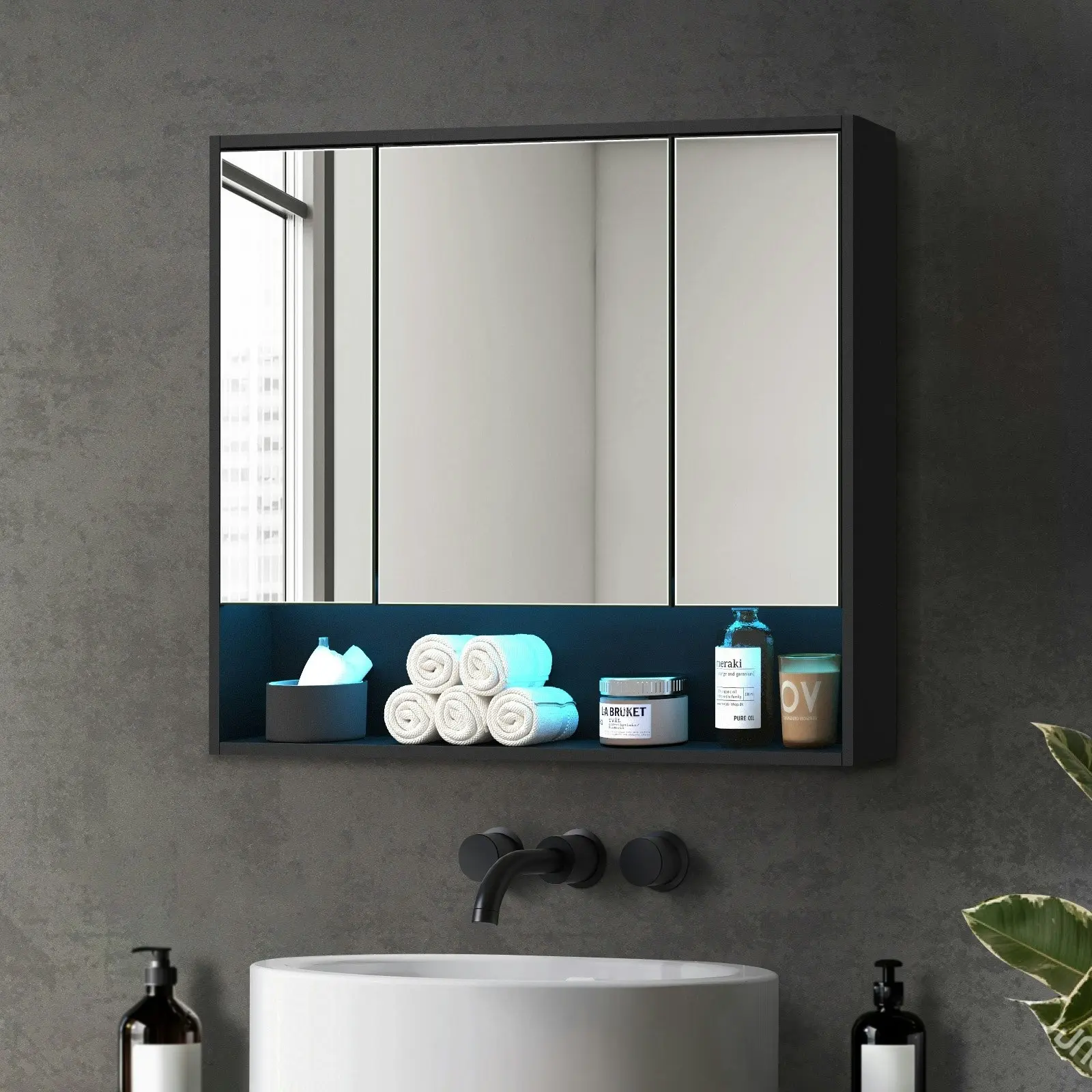 Welba Bathroom Mirror Cabinet LED Medicine Shaving Wall Storage 900x750mm Black