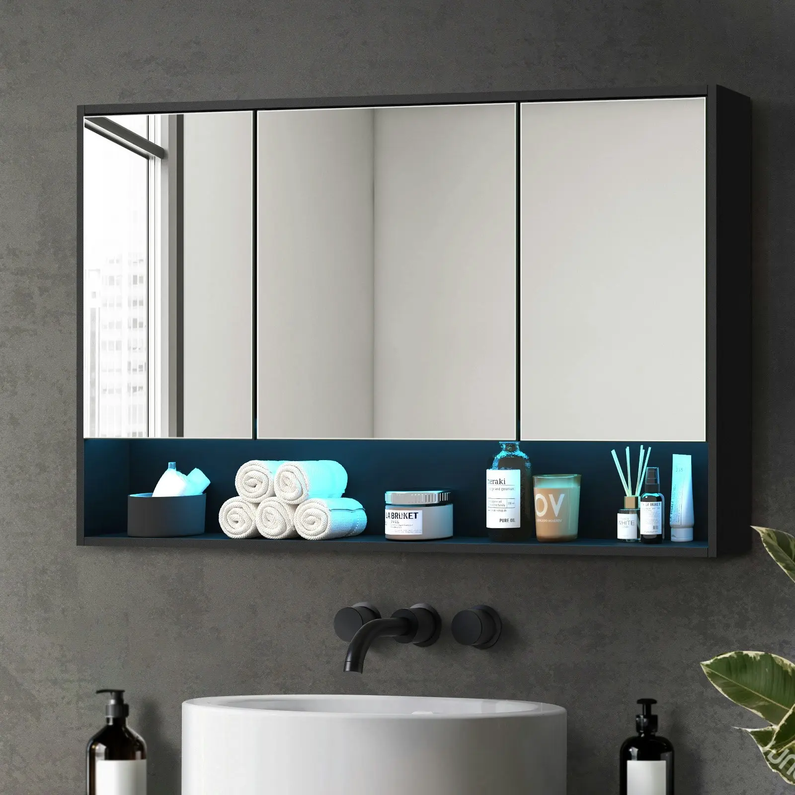 Welba Bathroom Mirror Cabinet LED Medicine Shaving Wall Storage 1200x750mm Black