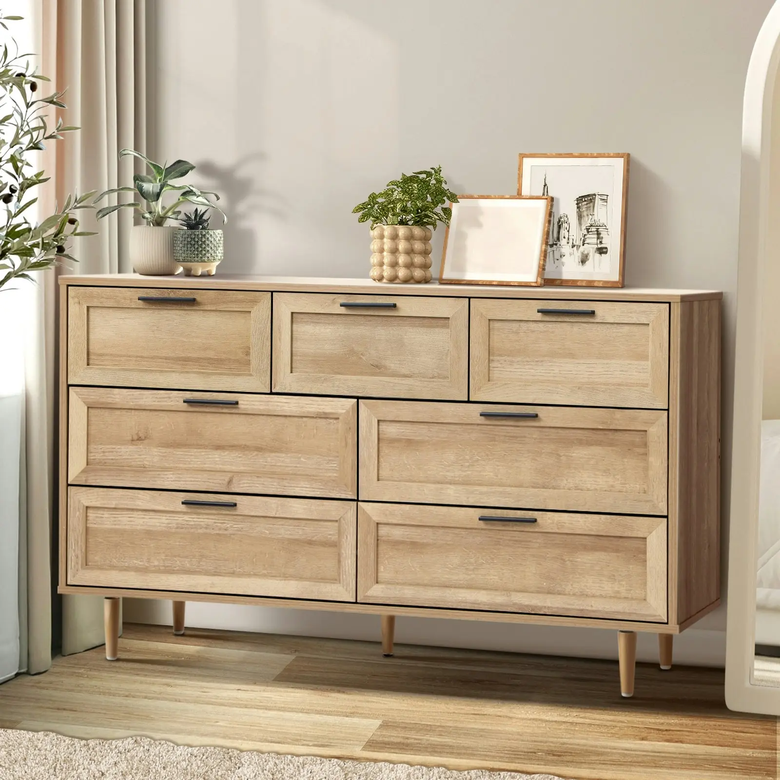 Oikiture 7 Chest of Drawers Dresser Chest Storage Cabinet Tallboy Natural