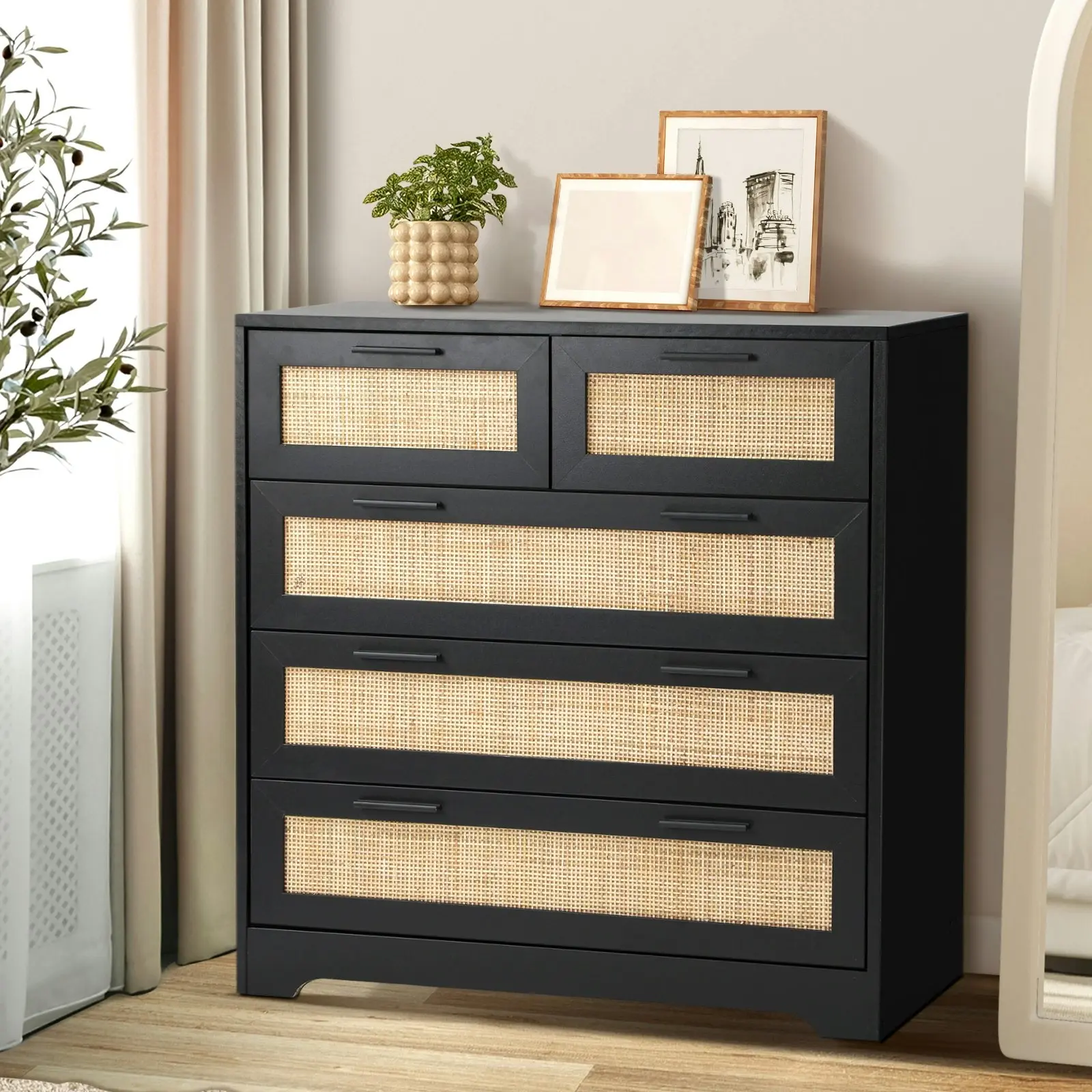 Oikiture 5 Chest of Drawers Dresser Storage Cabinet Tallboy Rattan Black