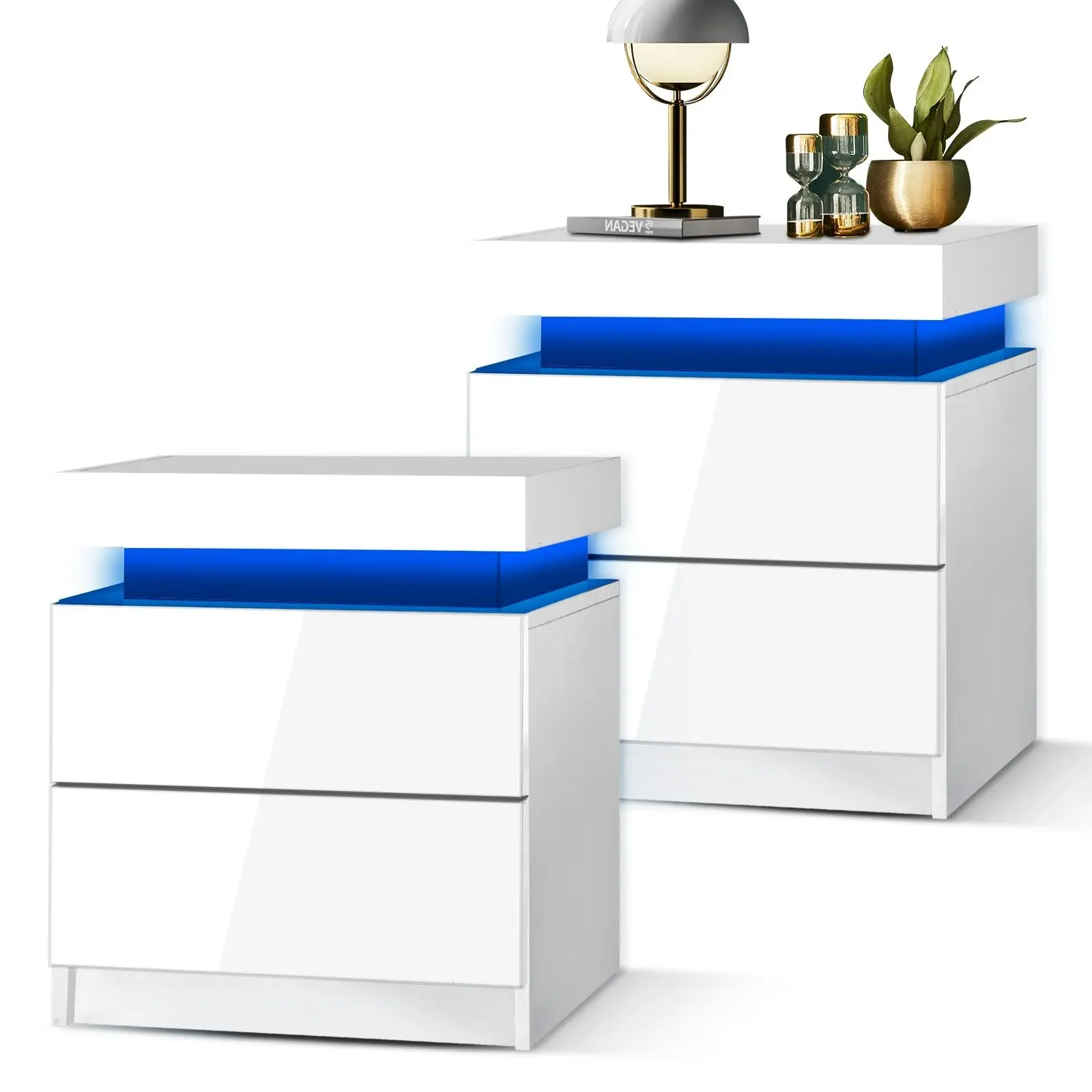 Oikiture Bedside Tables Set of 2 LED Nightstand Cabinet Drawers Side Table White