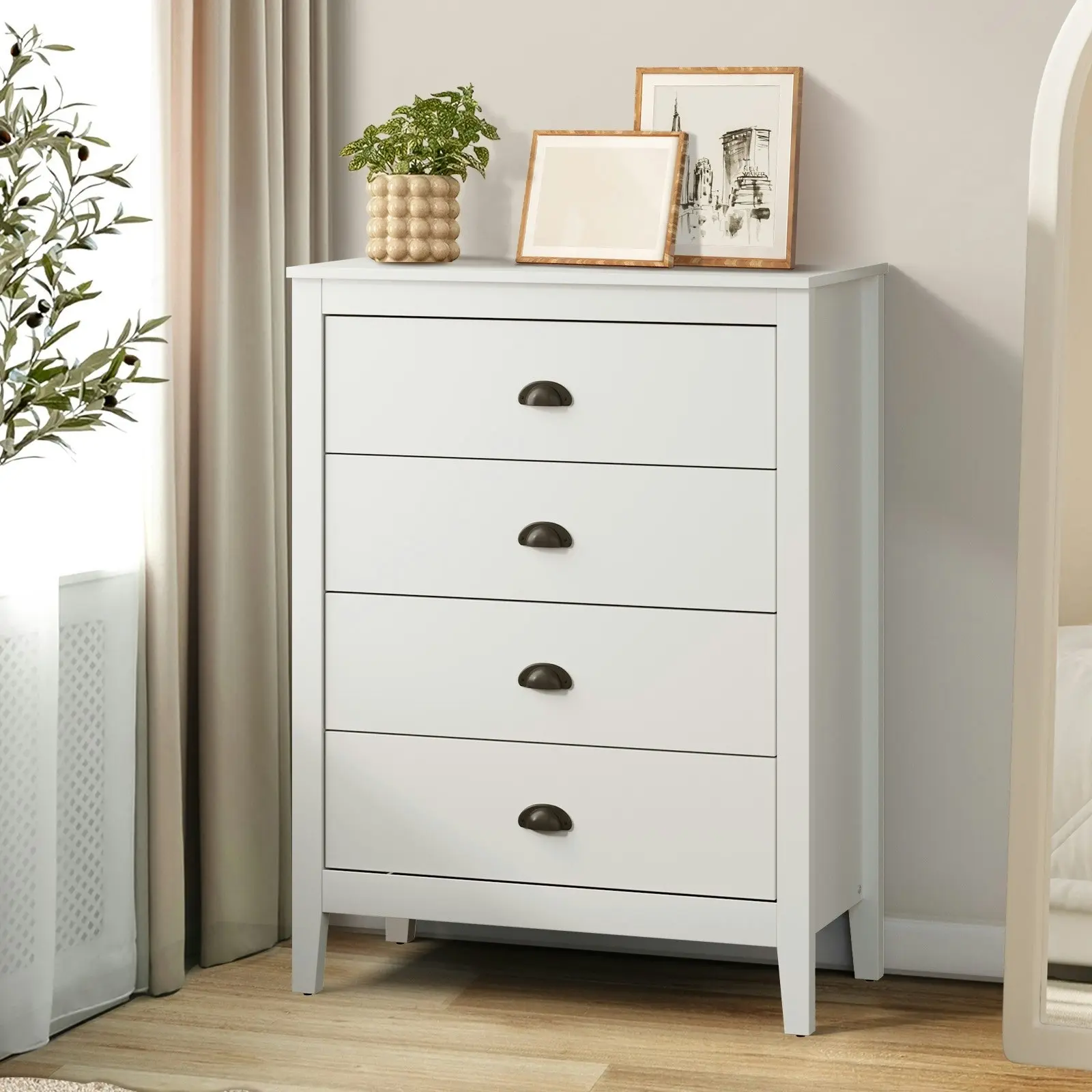 Oikiture 4 Chest of Drawers Dresser Storage Cabinet Tallboy White Vintage