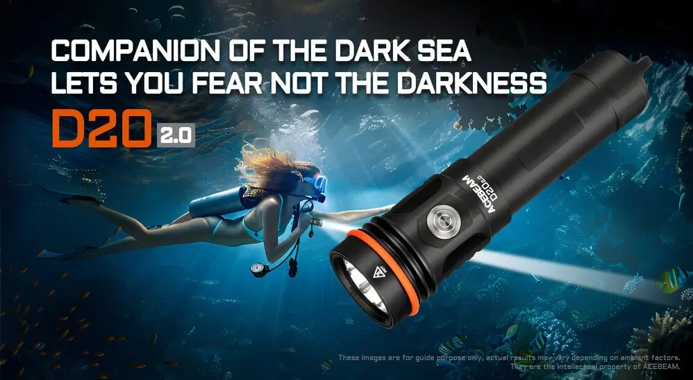 AceBeam D20 Diving Flashlight Rechargeable Super Bright LED Dive Light Torch Max Output 2700 lumens Portable and Durable Mini EDC Flashlight