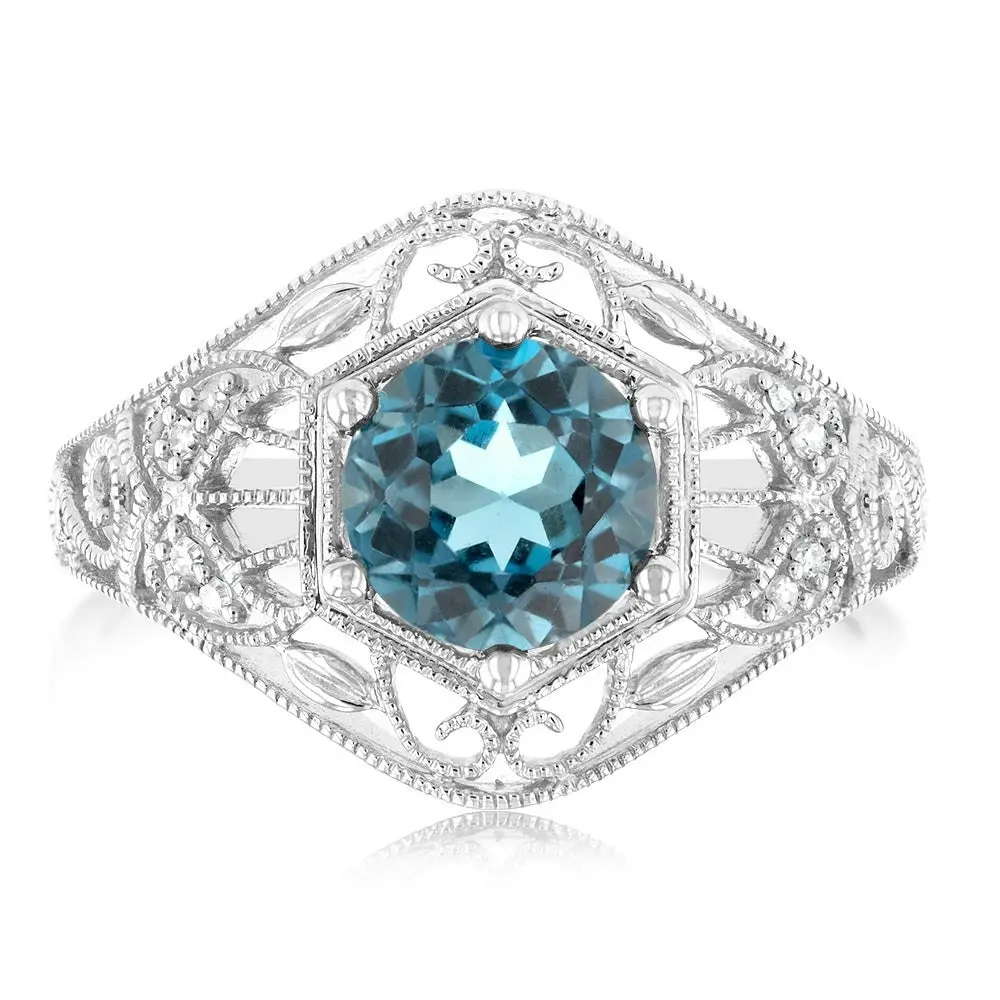 1.5Ct London Blue Topaz Ring with 8 Diamonds in Sterling Silver