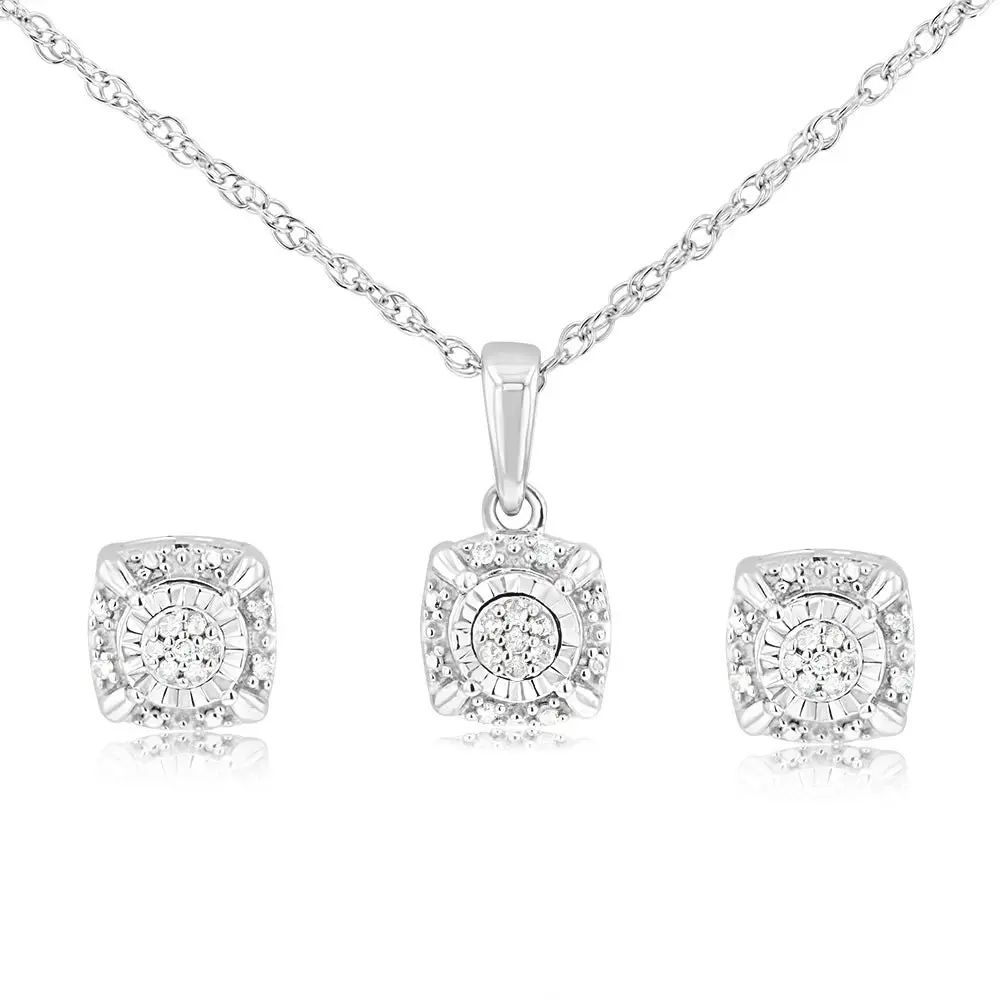 Sterling Siver & Round Shaped Earring, Pendant Set with 1/10 Carat Natural Diamonds