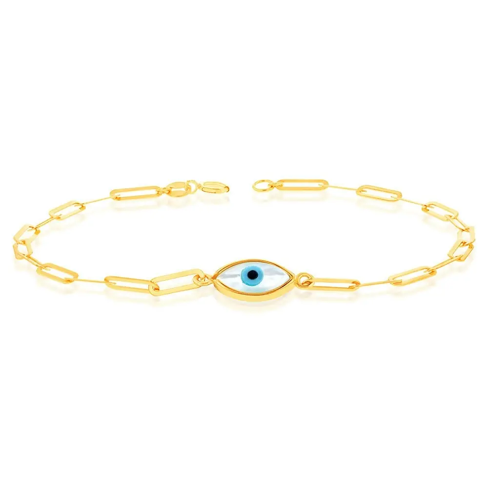 9ct Yellow Gold Evil eye On Paperclip 19cm Bracelet