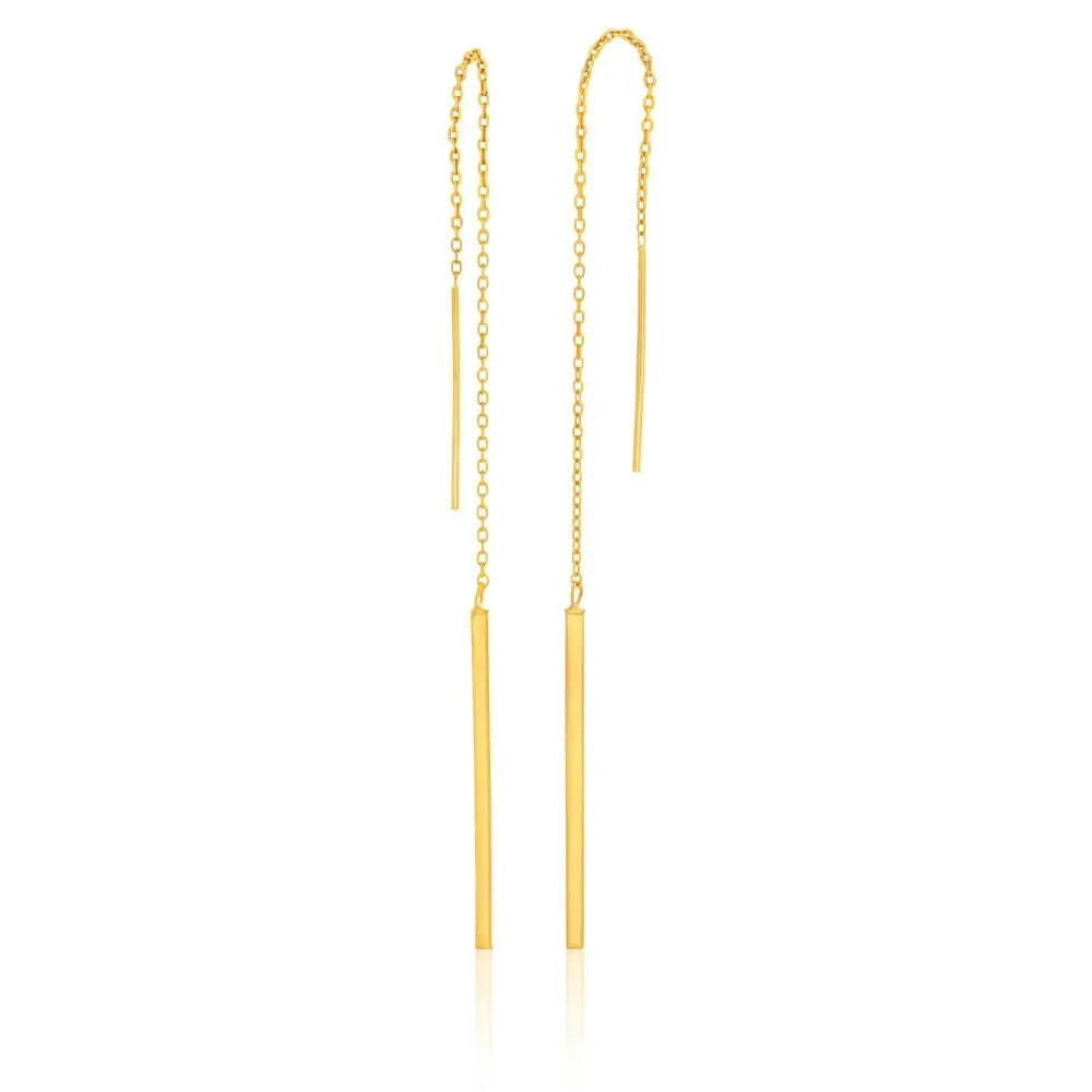 9ct Yellow Gold Silver Filled Long Thread Bar Drop Earrings