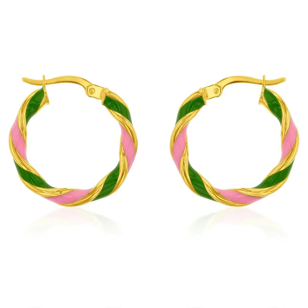 9ct Yellow Gold Silverfilled 15mm Pink And Green Enamel On Twisted Hoop Earrings