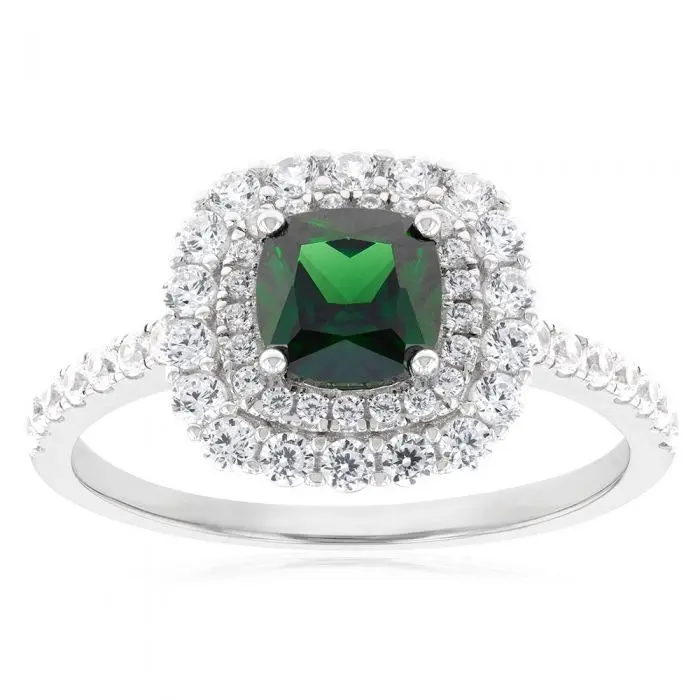 Sterling Silver Rhodium Plated Green And White Cubic Zirconia Cushion Ring