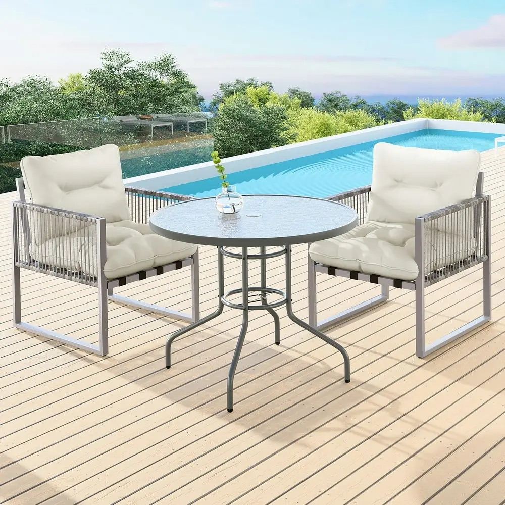 Alfordson Outdoor Glass Dining Table Lounge Chairs Patio Furniture Round Wicker