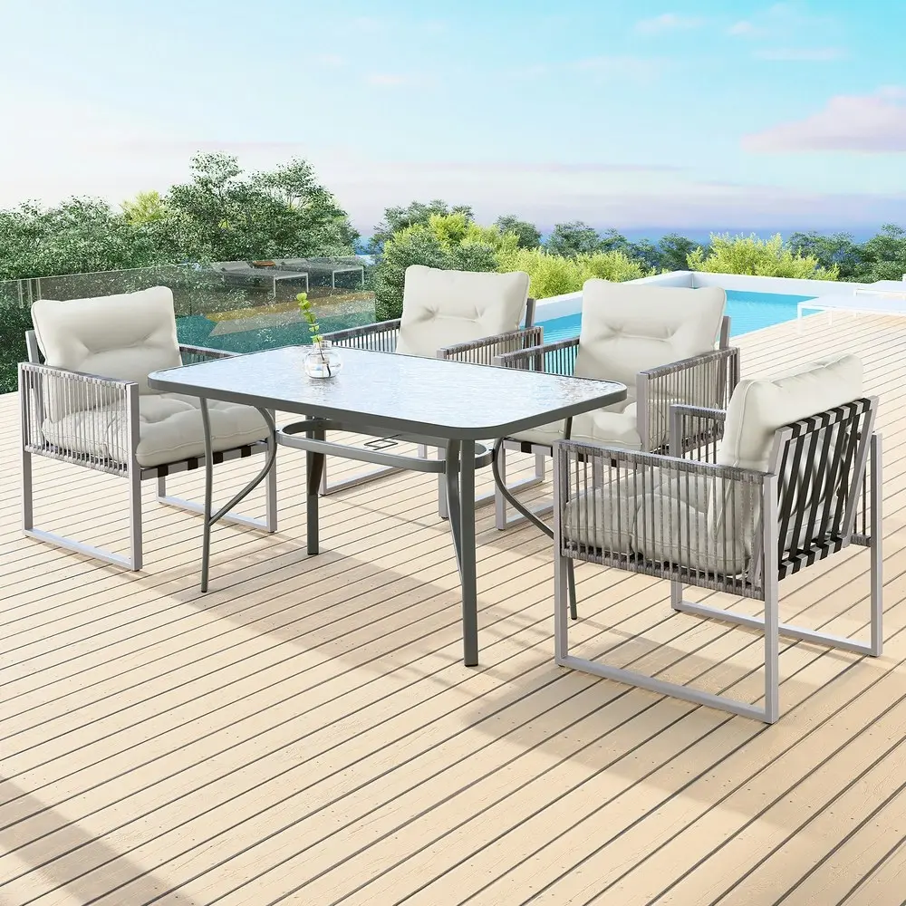 Alfordson Outdoor Dining Set Patio Furniture Glass Table Lounge Chairs Armchair