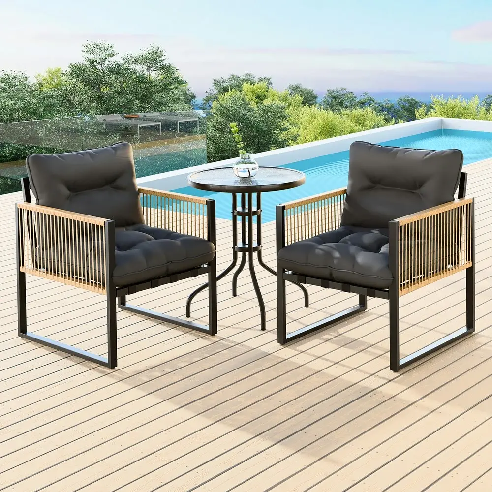 Alfordson Outdoor Furniture Set Patio Side Table Lounge Chair Glass Wicker Black