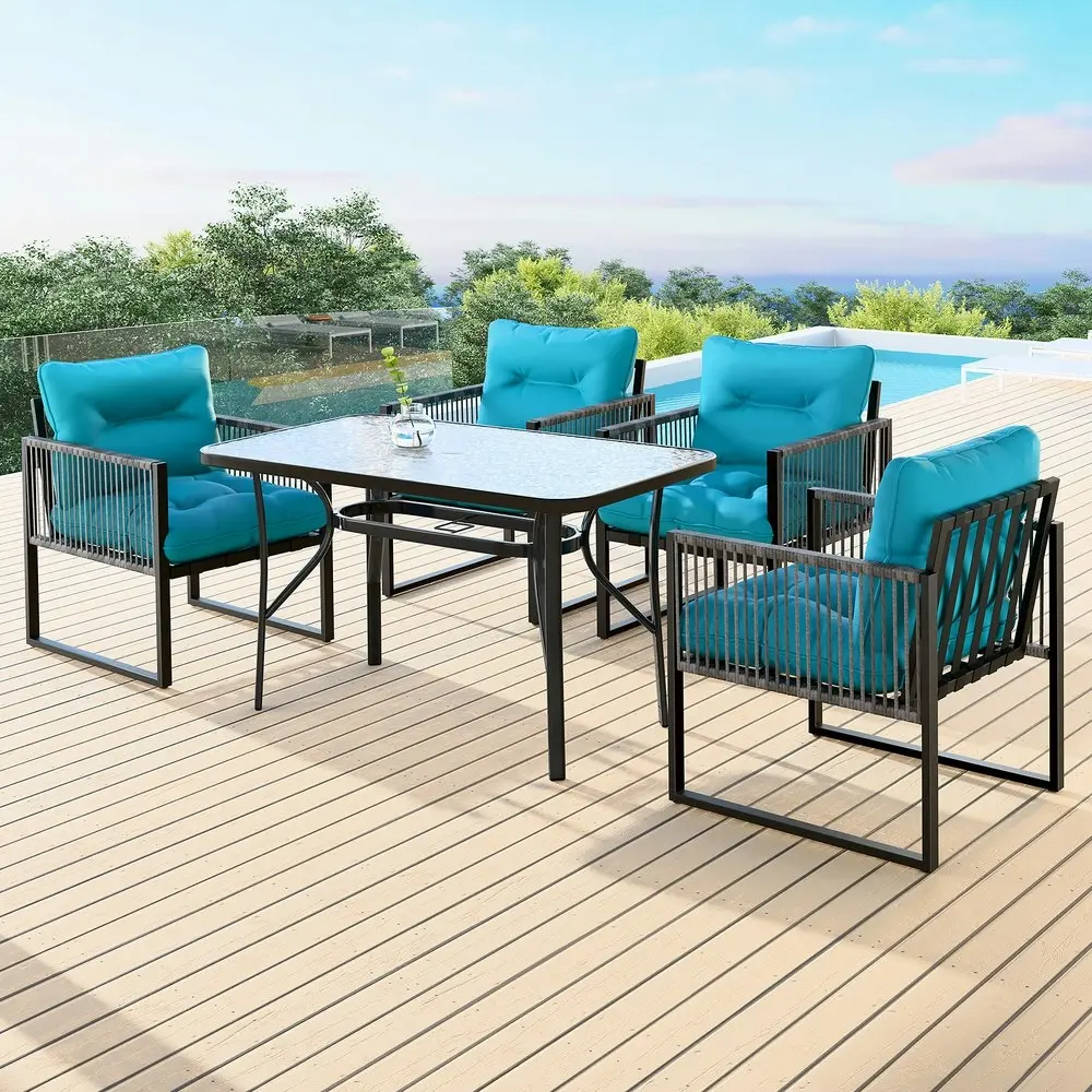 Alfordson Outdoor Dining Set Glass Table Lounge Chairs Patio Furniture Wicker